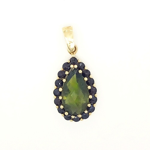 Zlatý přívěsek, přírodní vltavín a přírodní granáty , žluté zlato - 3,46 g