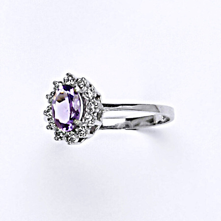 Zlatý prsten s diamanty, přírodní světlý ametyst , bílé i žluté zlato - VR 247
