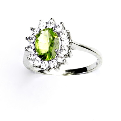 Zlatý prsten Kate, přírodní olivín a čiré zirkony, bílé i žluté zlato T 1507