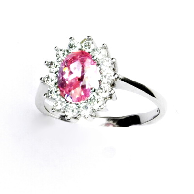 Zlatý prsten Kate, bílé i žluté zlato,zirkony pink a čiré - T 1507