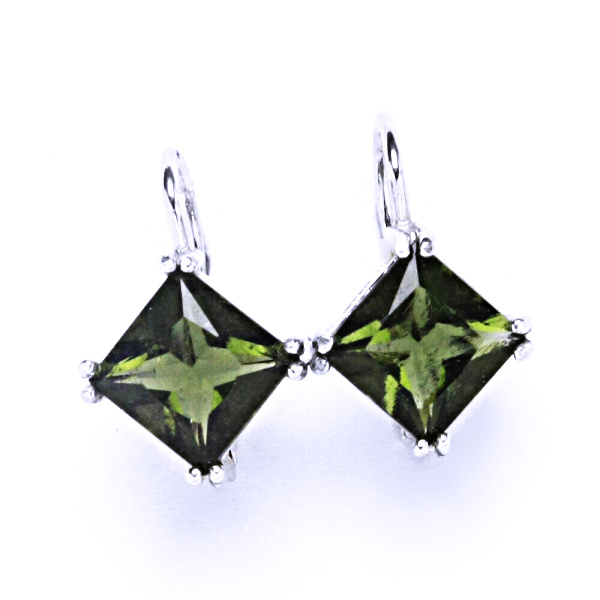 Zlaté náušnice, přírodní vltavín 8x8 mm, bílé i žluté zlato - NK 1259 