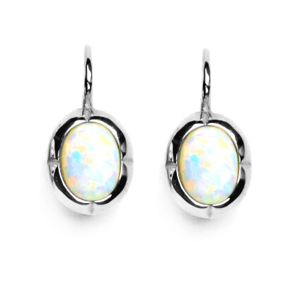 Zlaté náušnice, bílé zlato, bílý syntetický opál, NK 1374