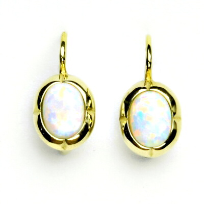 Zlaté náušnice, žluté zlato, bílý syntetický opál, NK 1374