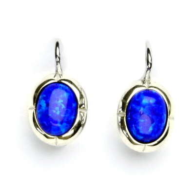 Zlaté náušnice, bílé zlato, tmavě modrý syntetický opál, NK 1374