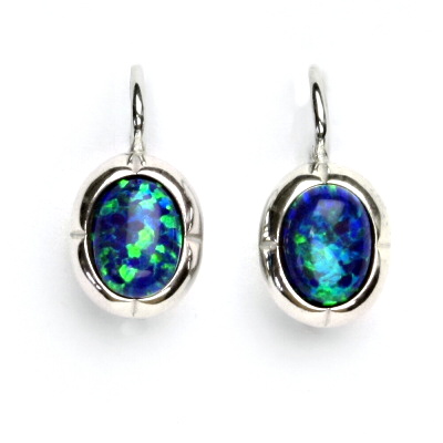 Zlaté náušnice, bílé zlato, zelený syntetický opál, NK 1374