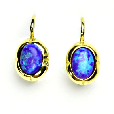 Zlaté náušnice, žluté zlato, fialový syntetický opál, NK 1374