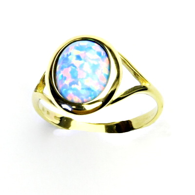 Zlatý prsten, žluté i bílé zlato, světle modrý syntetický opál - T 1453 