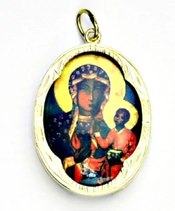 Zlatý přívěšek medailon , porcelánová Black Madona Čenstochova, žluté i bílé zlato - P 158  