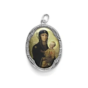 Zlatý přívěsek medailon, porcelánová  Černá madona, bílé i žluté zlato - P 158  M-14