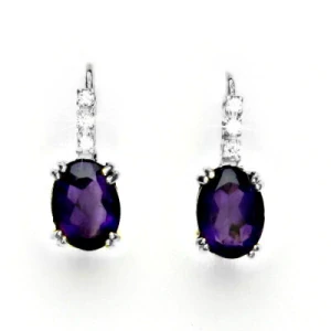 Zlaté náušnice, bílé i žluté zlato, přírodní ametyst tmavý - VE 8