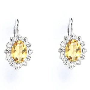 Zlaté náušnice s diamanty, přírodní citrín pálený 7x5 mm, bílé i žluté zlato - VE 247