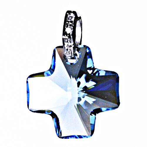 Stříbrný přívěšek,šperky, Swarovski krystal kříž 20 mm akvamarin, P 1304 