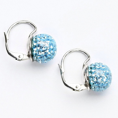 Stříbrné náušnice na klapku, kuličky s krystaly Akvamarín 10 mm, NK 1298