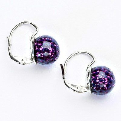 Stříbrné náušnice na klapku, kuličky s krystaly Amethyst 10 mm, NK 1298
