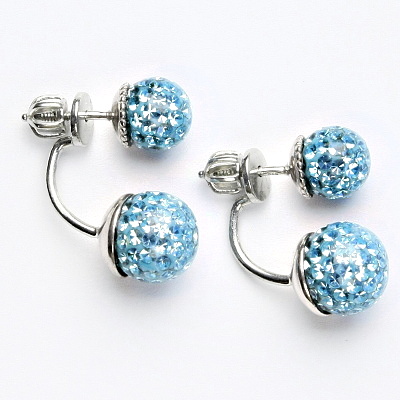 Stříbrné náušnice oboustranné, kuličky s krystaly Akvamarín 8+10 mm, NŠ 1356/1513