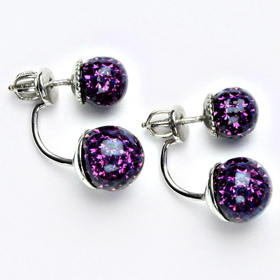 Stříbrné náušnice oboustranné, kuličky s krystaly Amethyst 8+10 mm, NŠ1356/1513