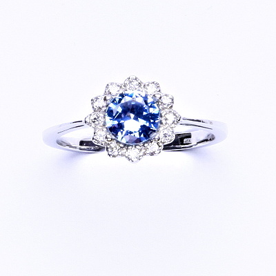 Stříbrný prsten, zirkon akvamarin, čiré zirkony, T 1495