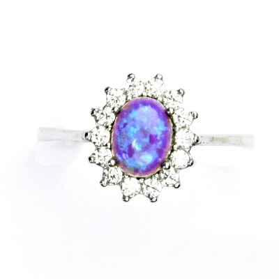 Zlatý prsten, bílé i žluté zlato,Kate, syntetický fialový opál,čiré zirkony, T 1507 