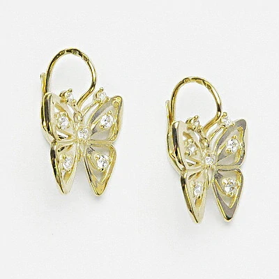 Zlaté náušnice motýli, žluté i bílé zlato, čiré zirkony - NK 1387