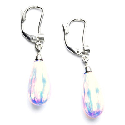 Stříbrné náušnice, bílý syntetický opál, čirý zirkon, NK 28/41