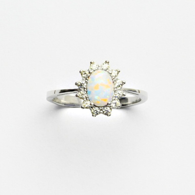 Zlatý prsten Kate, bílý syntetický opál, čiré zirkony, bílé i žluté zlato - T 1480