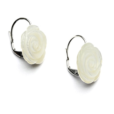 Zlaté náušnice, přírodní bílá perleť růžička 16 mm, bílé i žluté zlato - NK 1298