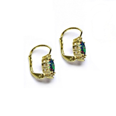 Zlaté náušnice Kate, černý syntetický opál, čiré zirkony, žluté i bílé zlato, NK 1480