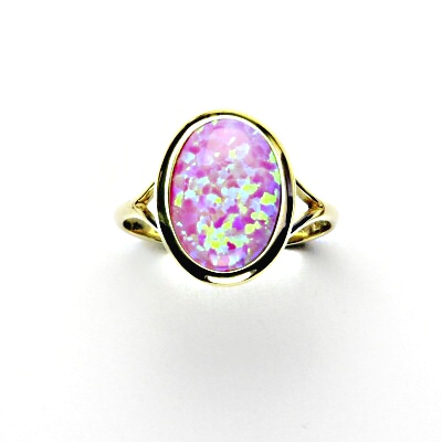 Zlatý prsten, syntetický růžový opál, žluté zlato - T 1454