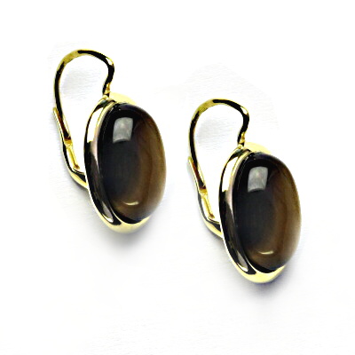 Zlaté náušnice, bílé i žluté zlato, přírodní kámen tygří oko - NK 1454