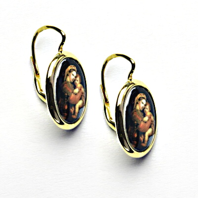 Zlaté náušnice, Madonna Della Seggiola, skleněná madonka, M-8, žluté zlato, NK 1454