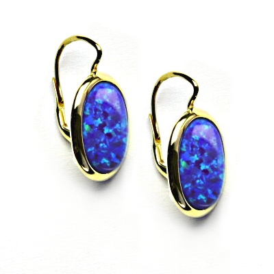 Zlaté náušnice, syntetický fialový opál, žluté zlato - NK 1454