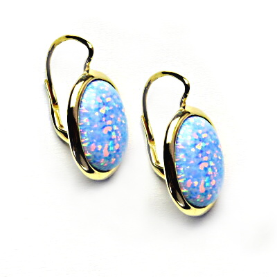 Zlaté náušnice, syntetický světle modrý opál, žluté zlato - NK 1454