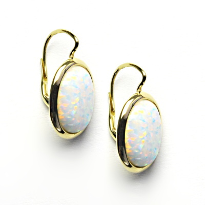 Zlaté náušnice, syntetický bílý opál, žluté zlato - NK 1454