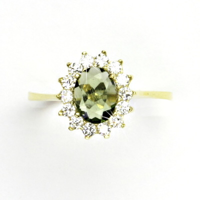 Zlatý prsten Kate, žluté i bílé zlato, přírodní vltavín a čiré zirkony - T 1507
