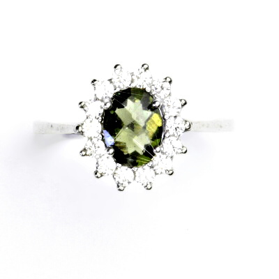 Stříbrný prsten Kate, přírodní vltavín a čiré zirkony - T 1507