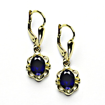 Zlaté náušnice, zirkon safír, žluté zlato, NK 1140/20