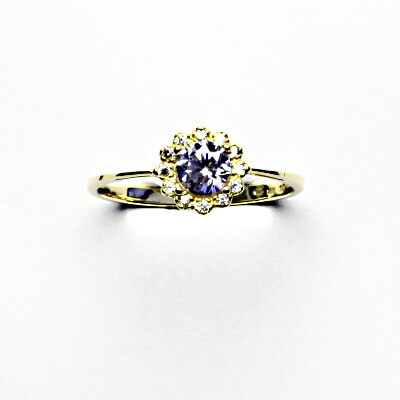 Zlatý prsten, žluté zlato, zirkon lavender, čiré zirkony, T 1495