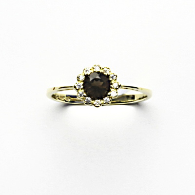 Zlatý prsten, žluté zlato, přírodní záhněda, čiré zirkony, T 1495