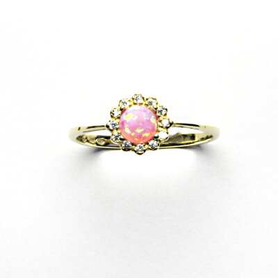 Zlatý prsten, žluté zlato, růžový syntetický opál, čiré zirkony, T 1495