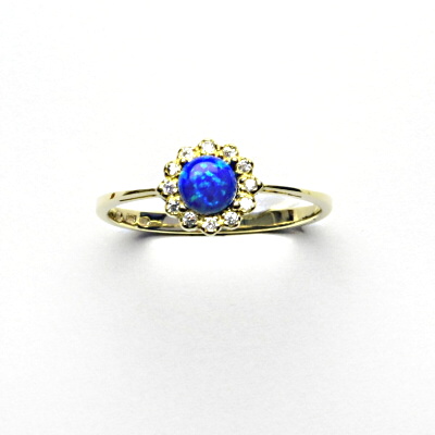 Zlatý prsten, žluté zlato, tmavě modrý syntetický opál, čiré zirkony, T 1495