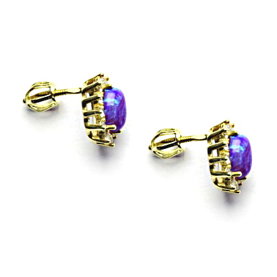  Zlaté náušnice Kate, syntetický fialový opál, čiré zirkony, žluté i bílé zlato, NŠ 1480