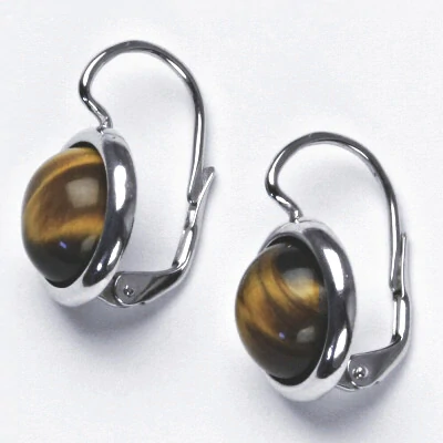 Zlaté náušnice, bílé i žluté zlato , přírodní kámen Tygří oko 10 mm - NK 1452
