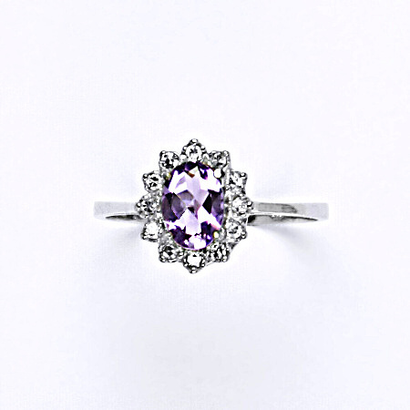 Zlatý prsten s diamanty, přírodní světlý ametyst , bílé i žluté zlato - VR 247