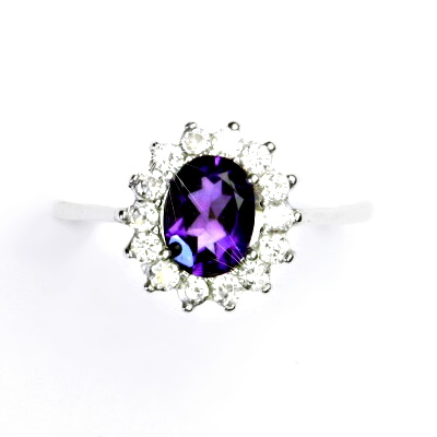 Stříbrný prsten Kate,přírodní ametyst tmavý a zirkony - T 1507