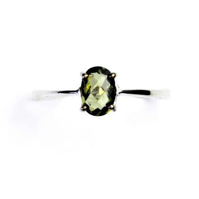 Zlatý prsten, bílé i žluté zlato, přírodní vltavín 7x5 mm - T 1246