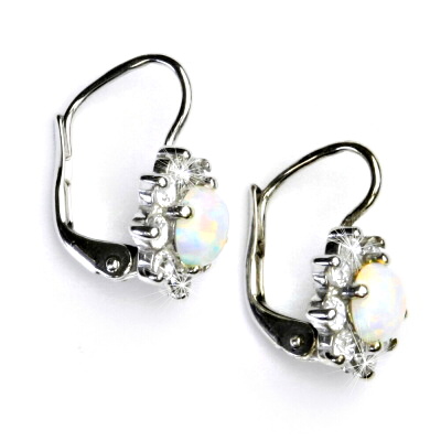 Zlaté náušnice, čiré zirkony a syntetický bílý opál , bílé i žluté zlato - VE 61