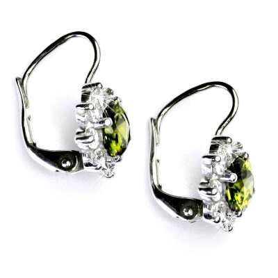 Zlaté náušnice, čiré zirkony a zirkon olivín, bílé i žluté zlato - VE 61 