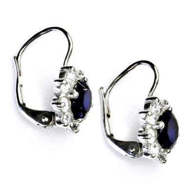 Stříbrné náušnice, čiré zirkony a zirkon safír - VE 61 