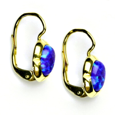 Zlaté náušnice, žluté zlato, fialový syntetický opál, NK 1374