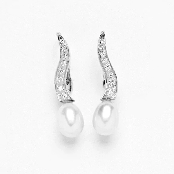 Zlaté náušnice, žluté i bílé zlato, přírodní perla a čiré zirkony - NK 1231